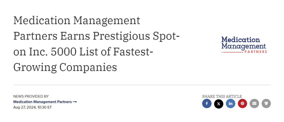 Medication Management Partners Earns Prestigious Spot-on Inc. 5000 List of Fastest-Growing Companies